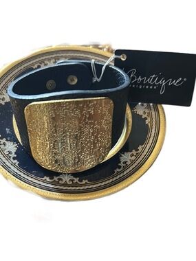 Navy Blue Vegan Leather Hammered Gold Metal Adjustable Bracelet